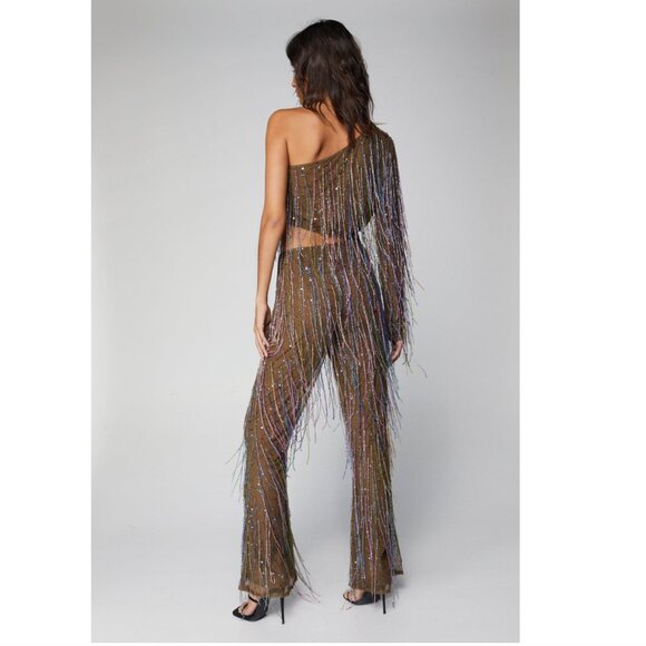 NWT! Nasty Gal One Shoulder Tassel Beaded Crop Top - Picture 5 of 5